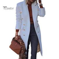 Two Side Pockets Coat Women Autumn Winter Knee-length Woolen Lapel Long Long-sleeved Sleeve Double Breasted Solid Color Outwear Streetwear M gray