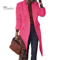 Two Side Pockets Coat Women Autumn Winter Knee-length Woolen Lapel Long Long-sleeved Sleeve Double Breasted Solid Color Outwear Streetwear L pink