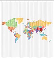 World Map Shower Curtain With Hooks – Colorful Countries Print, Global Travel Art In Red Orange, Educational Bathroom Decor W90H165(CM)-1 Pcs beige
