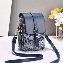 Casual Floral Leather Phone Bag Mini Crossbody Purse with Faux Leather Accents Practical Versatile Women Shoulder Bag mėlyna