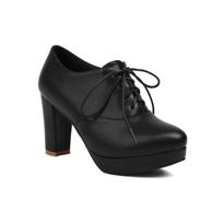 Vintage British Washed Leather High-Heeled Mary Janes for Women - Lace-Up Platform Loafers with Height Boost 37 black