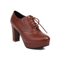 Vintage British Washed Leather High-Heeled Mary Janes for Women - Lace-Up Platform Loafers with Height Boost 37 brown