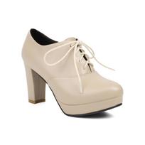 Vintage British Washed Leather High-Heeled Mary Janes for Women - Lace-Up Platform Loafers with Height Boost 35 beige
