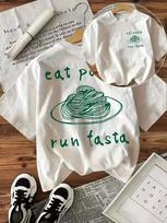 Eat Pasta Run Fasta Funny Graphic T-Shirt, Front & Back Crew Neck Short Sleeve Top for Women, Italian Travel Summer Daily Wear 110 gray