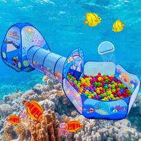 Kids' 3-Piece Tent Set with Tunnel and Ball Pit with Basket Net, Foldable, Perfect for Birthdays, Baby Showers, and as a Secret Base (Sea World) white
