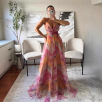 Cross2026 Europe Spring/Summer Mesh Print Spaghetti Strap Dress - INS Vacation Casual Party Style Small