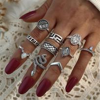 Retro Fashion Personality Exaggerated Engraving Buddha Statue Diamond Snake 10-Piece Ring brown