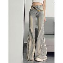 2025 Women's Stylish Micro-Flare Denim Pants with Side Fringe and Raw Hem S white
