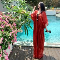 Lazy wind romantic red long dress summer new light perspective holiday beach skirt L blue