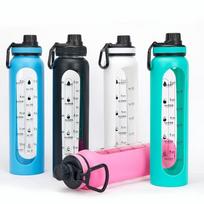 1L Didelės talpos stiklinė su bambuko dangteliu, laiko skale ir silikoniniu įdėklu - Atspari karščiui 1000ml (Please specify color)