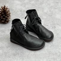 Women's Vintage Round Toe Lace-Up Martin Boots - Genuine Leather Soft Sole Casual Ankle Boots 35 black