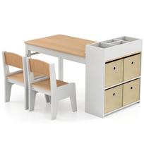 Vaikiškas piešimo stalas su 2 kėdėmis ir popieriaus ritiniu, natūralios ir baltos spalvos, 100,3 × 50,8 × 58,4 cm