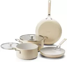KitchenAid - Spalvoto aliuminio 6 dalių rinkinys: keptuvė 24/28 cm + puodas su dangčiu 20/24 cm - migdolų kremo spalvos