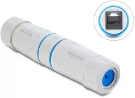 Delock RJ45 kabelio jungtis RJ45 lizdas į RJ45 lizdą Cat.6A su M23.5 x 1,5 mm sriegiu IP68 nuo dulkių ir nepralaidi vandeniui balta (90661)