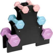 >>>HEX ketaus vinilo hantelių rinkinys 7kg su stovu (2x0.5kg + 2x1 kg + 2x2 kg), REBEL ACTIVE