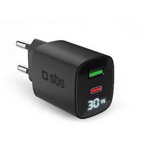 Sbs LCD Wall Charger, USB-A, USB-C, LCD, 30 W, black - Wall charger TETRGANLCD1USB1C30K
