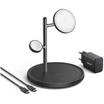 Anker MagGo Wireless Charging Station (15W, 3-in-1 Stand) with cable and charger bundle B25M3312