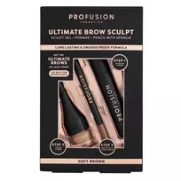 Profusion Cosmetics rinkinys: Ultimate Brow Sculpt antakių gelis Soft Brown 1,8 g + Ultimate Brow Sculpt Defining Eyebrow kreminis antakių pieštukas & 2-In-1 Soft Brown 0,07 g + Ultimate Brow Sculpt antakių pomada Soft Brown, 4 ml