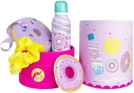 Set Inuwet: Donut valomasis ir drėkinamasis dušo putos, 200 ml + Plaukų guminė su raukšleliu gumelė + Donut kempinė kūnui + Donut dovanų lipdukas
