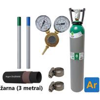TIG suvirinimo priedų kompl.: užpildytas 8 l Argono balionas, reduktorius Ar/Co2, dujų žarna, volframiniai elektrodai, sąvaržos