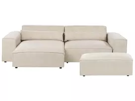 Modulinė 3 vietų kampinė sofa HELLNAR su ottomane, veliūrinė, šviesiai smėlio spalvos, dešininė
