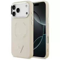 GUESS PU Leather Triangle Logo phone case with MagSafe support for iPhone 17 Pro, beige