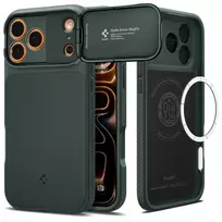 Spigen Optik Armor Mag phone case with MagSafe support for iPhone 17 Pro, green
