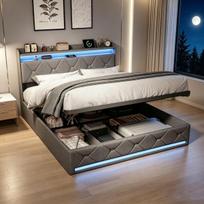 Lova 140x200 cm, su LED apšvietimu ir USB/C jungtimi, hidrauliniu laikymo režimu, lininė, pilka