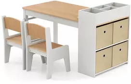 Vaikiškas piešimo stalas su 2 kėdėmis ir popieriaus ritiniu, natūralios ir baltos spalvos, 100,3 × 50,8 × 58,4 cm