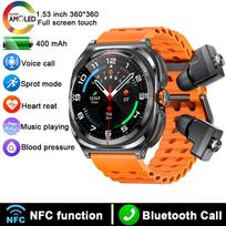 2025 Naujas TWS 2 viename išmanusis laikrodis Watch 7 Ultra su belaidėmis ausinėmis, Bluetooth skambučiais, vyrams, lauko sportui, muzikai, išmanusis laikrodis Android ir iOS Orange B black