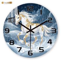 White Horse Snowy Landscape Wall Clock, Golden Ornamental Winter Scene, Festive Dreamy Unicorn-Inspired Home Decor 12 inch gray