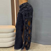 Women Streetwear Cutout Hollow Out Criss Cross Side Wide Leg Blue Denim Pants 2026 Fashion Sexy Party Jeans Trousers S gray