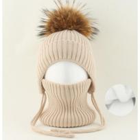 Kids Warm Knitted Beanie With Real Fox Fur Pom Matching Scarf Set - Striped Solid Colors Winter Hat Boys Girls Kids 45-52cm beige