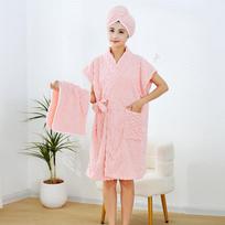 Minkštas ir storas koralų vilnos chalatas suaugusiems - unisex, ilgomis rankovėmis su petnešėlėmis 35*75cm, towel vyšnių žiedų rožinė spalva