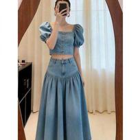 Hong Kong flavor light mature style elegant short waist bubble sleeve denim shirt high waist meat cover pleated skirt two-piece set XL gray