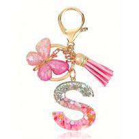 Personalizuotas Bling Monogramos Raktų Pakabukas Moterims - Dervos Raidės Pakabukas su Sidabro Blizgučiais, Rožiniu Akmenuku & Auksinės Žvaigždės Shakeriu - Gimtadienio Dovana Jai M rožinė