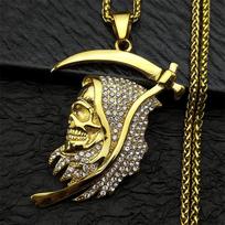 Stainless Steel Rhinestones Saint Death Santa Muerte Grim Reaper Pendant Necklace for Women Men Gold Plated Sickle Skull Jewelry beige