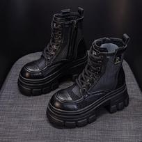 Thick-soled hollowed Martin boots Hollowed breathable mesh boots Punched hole Martin boots Height-increasing women's boots 39 black