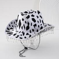 Popular men's and women's cowboy hats, black and white cows, unique tassels, diamond chains, adjustable ropes, party celebrations M（56-58cm） juoda