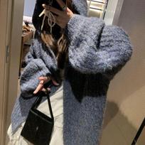 Women Lazy Wind Hooded Knit Cardigan Loose Casual Sweater Female Solid Lantern Long Sleeve Knitwear Tops XS pilka