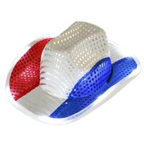 Light Up Cowboy Hat WesternStyle Sequins Hat US Flag Color LED Cowgirl Hat Adjustable Flashing Fedora Costume Accessory A red
