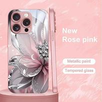 Sidabrinis tekstūruotas gėlių raštas Rožinis metalinis stiklinis telefono dėklas iPhone 11 12 13 14 15 16 17 Pro Max 15 Plus 17 Air 16E Dangtelis iPhone 15 Pro Max gray