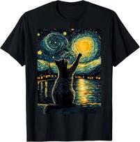 Black Cat Starry Night Gift for Cat Lover Unisex T-Shirt NEW M black