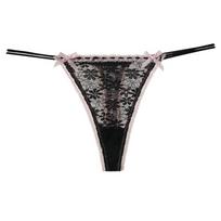 Women's Sexy Seductive Invisible Lace Thong Double Thin Strap Bow Ruffled Low Waist Lingerie Underpants L gray