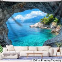 1Pc Coastal Cave Ocean View Tapestry Wall Hanging, Decorative Fabric Poster for Bedroom, Living Room, Dorm & Home Decor 300x180cm