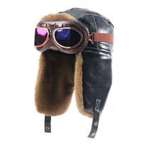 Unisex žieminė PU odos aviacinė kepurė su ausų apsauga Šilta vėjui atspari pilotų kepurė Šaltam orui Black Hat with Goggle Strap black