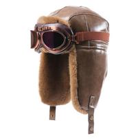 Unisex žieminė PU odos aviacinė kepurė su ausų apsauga Šilta vėjui atspari pilotų kepurė Šaltam orui Khaki Hat with Goggle Strap black