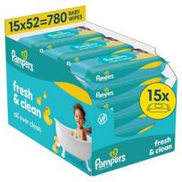 Pampers Fresh Clean Plastic Free Servetėlės Kūdikiams, 15 Pakuotė, 780 Servetėlės