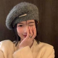 Mohair Knitted Beret Women's New Winter Style Japanese All Match Large Head Circumference Gray Wool Painter's Hat M（56-58cm） brown