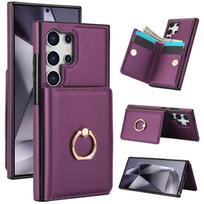 Case for Samsung Galaxy S26 Ultra, wallet style with card slot and 360° rotating ring holder, RFID anti-theft leather holder tamsiai violetine spalva